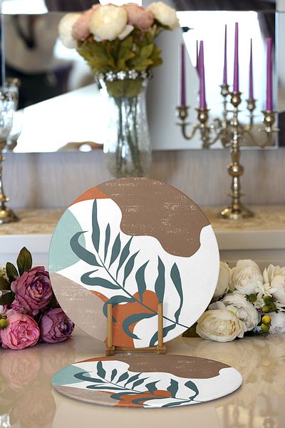 Realhomes 2-Piece Colorful Floor Leaf Motif Digital Printed Modern Round Plate & Placemat