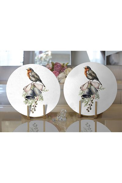 Realhomes 2-Piece Bell & Bird Motif Digital Printed Modern Round Plate & Placemat