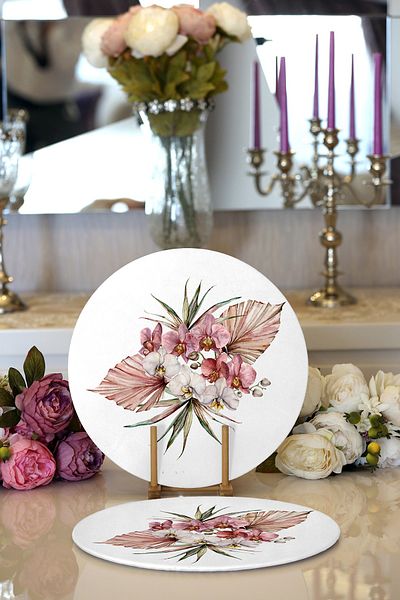 Realhomes 2-Piece Exotic Leaf Design Digital Printed Modern Round Plate & Placemat