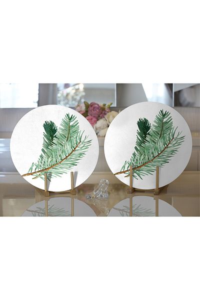 Realhomes 2-Piece Pine Leaf Drawing Cristmas Themed Digital Printed Decorative Round Plate & Placemat