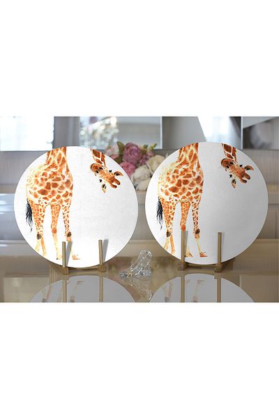 Realhomes 2-Piece White Floor Giraffe Patterned Digital Printed Decorative Round Plate & Placemat