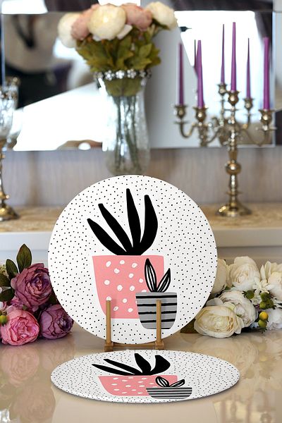 Realhomes 2-Piece Cream Sandblasting Floor Vase Patterned Digital Printed Modern Round Plate & Placemat