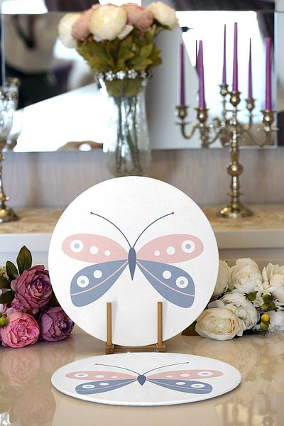 Realhomes 2-Piece Blue Pink Butterfly Patterned Digital Printed Modern Round Plate & Placemat