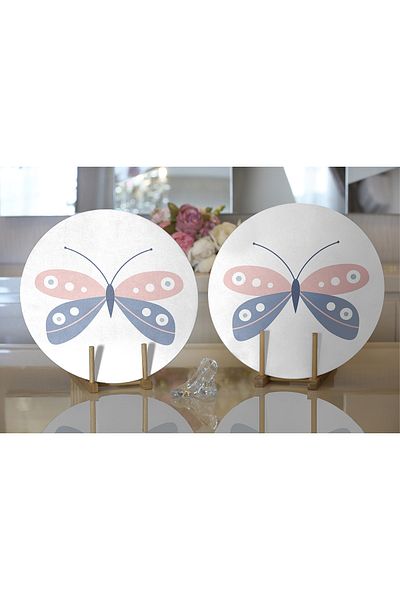 Realhomes 2-Piece Blue Pink Butterfly Patterned Digital Printed Modern Round Plate & Placemat
