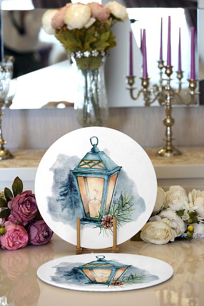 Realhomes 2-Piece Watercolor Drawing Candlestick Motif Digital Printed Modern Round Plate & Placemat