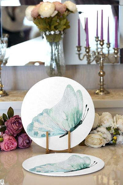 Realhomes 2-Piece White Floor Blue Butterfly Motif Digital Printed Modern Round Plate & Placemat