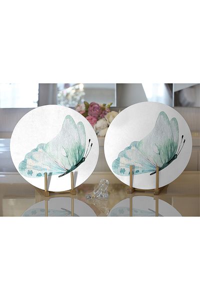 Realhomes 2-Piece White Floor Blue Butterfly Motif Digital Printed Modern Round Plate & Placemat
