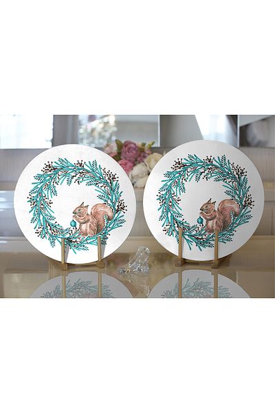Realhomes 2-Piece Blue Wreathed Squirrel Motif Digital Printed Modern Round Plate & Placemat