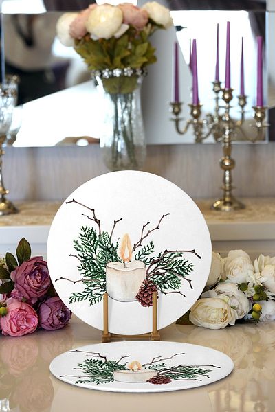 Realhomes 2-Piece Candle & Cone Designed Christmas Themed Digital Printed Modern Round Charger & Placemat