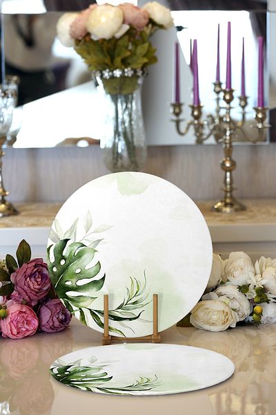 Realhomes 2-Piece Green Tropical Leaf Motif Digital Printed Modern Round Plate & Placemat