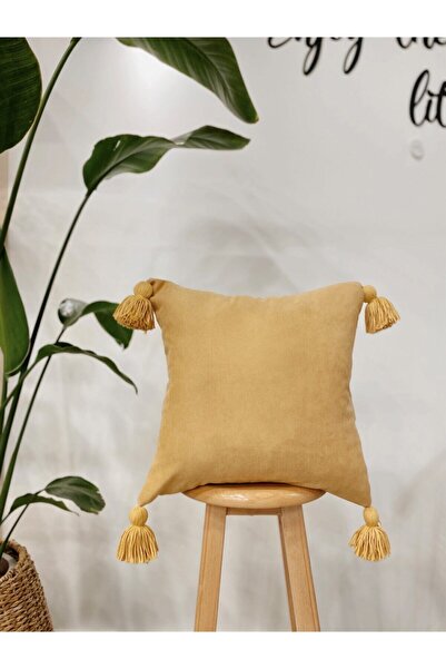 Hestia Home Kırlent Kılıfı Yastık Kılıfı Püsküllü Keten Sarı 40x40 Cm