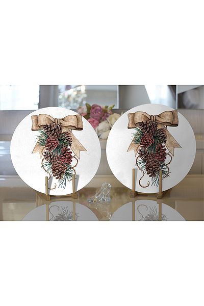 Realhomes 2-Piece Ribbon Pinecone Motif Digital Printed Decorative Round Plate & Placemat