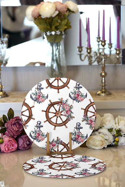 Realhomes 2-Piece White Floor Anchor & Rudder Designed Digital Printed Decorative Round Plate & Placemat