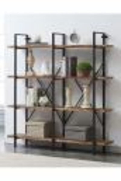 Hyper&Great Ahşap Masif Ağaç 4 Katlı Duble Doğal Rustik Raf Kitaplık Metal Is...