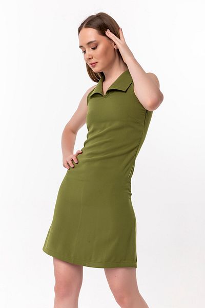 Laranor Pistachio Green Shirt Collar Detailed Mini Dress