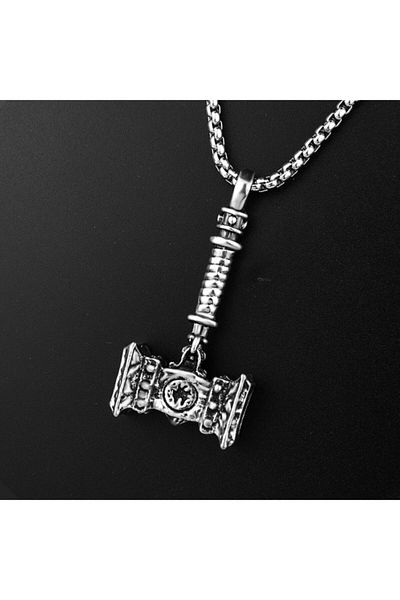 Viking Steel Necklace with Thor Warhammer Hammer Mjolnir Design