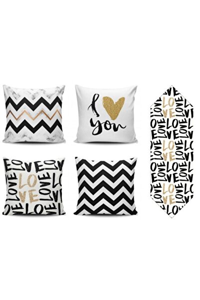 Alkan Homes غطاء وسادة مكون من 4 قطع من Love Themed باللون الأسود + عداء