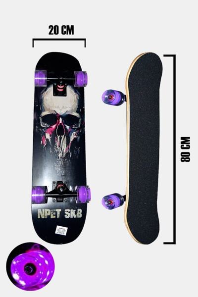 AVESSA Zımparalı Işıklı Mor Silikon Tekerli Kurukafa Baskılı Kaykay