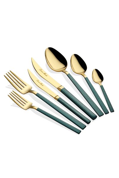 Dame Marie Picasa 42 Pieces Green Gold Fork Spoon Knife Set for 6 Persons