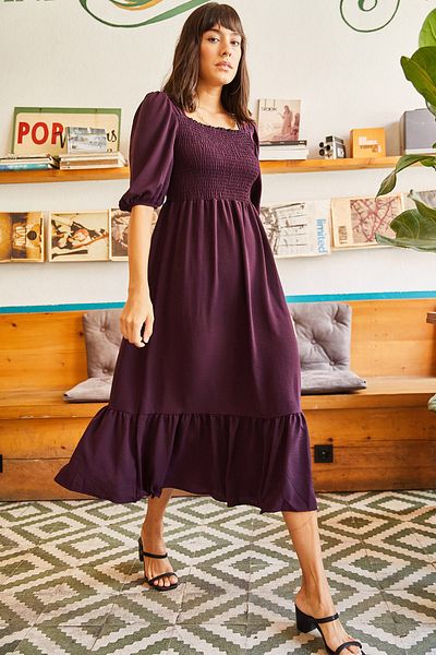 Olalook Pflaumenfarbenes, plissiertes Bodrum-Kleid mit quadratischem Kragen für Damen ELB-19001557