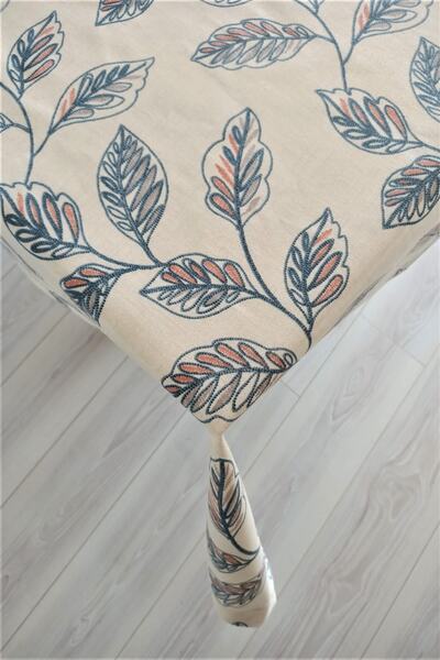 eno concept Keten Dokulu Renkli Yaprak Desenli Beyaz Masa Örtüsü
