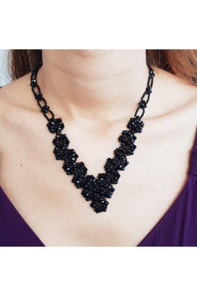 Handmade By HLY Abiye Tasarım El Örgüsü Siyah Kristal Taş Detaylı Kolye