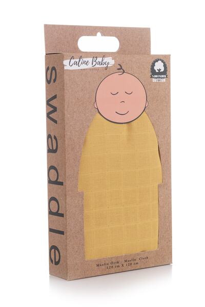 Caline Baby غطاء قماش موسلين لون سادة - خردل 120x120 سم + 4 مناديل للفم