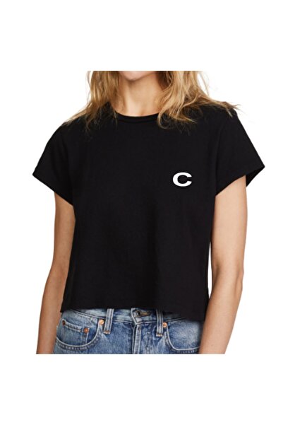 HediyeMania Literele C cu imprimeu Inițialele negre Tricou pentru femei Bumba...