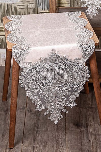 Bonny Home Nurbanu Powder Velvet 5 Piese Runner Set cu Sireturi Argintii Set Living Room Fata de Masa