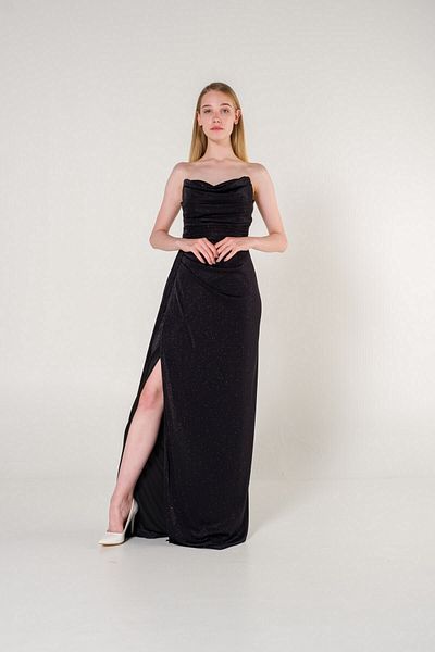 SpringStore Rochie de seară neagră, fără bretele, cu sclipici