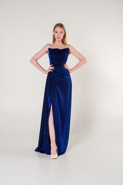 SpringStore Saks Straplez Simli Yırtmaçlı Abiye Elbise