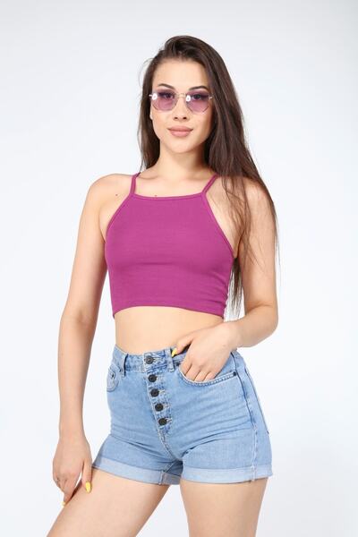 AFŞAR MODA Women's Purple Rope Strap Crop Blouse