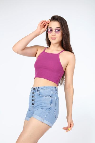 AFŞAR MODA Women's Purple Rope Strap Crop Blouse