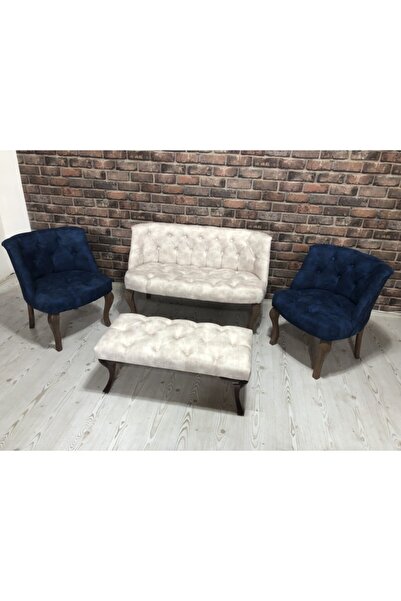 ElizzanMobilya Lacivert Ve Krem Çay Seti Berjer Koltuk Takımı 2+1+1 Koltuk Ve...