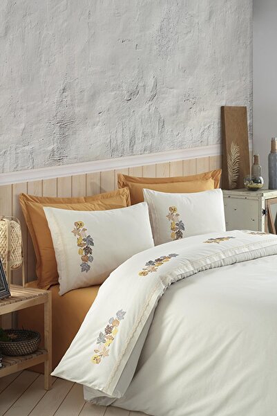 ÖDEL HOME Natural - Mustard Lace Leaf Embroidered Double Duvet Cover Set