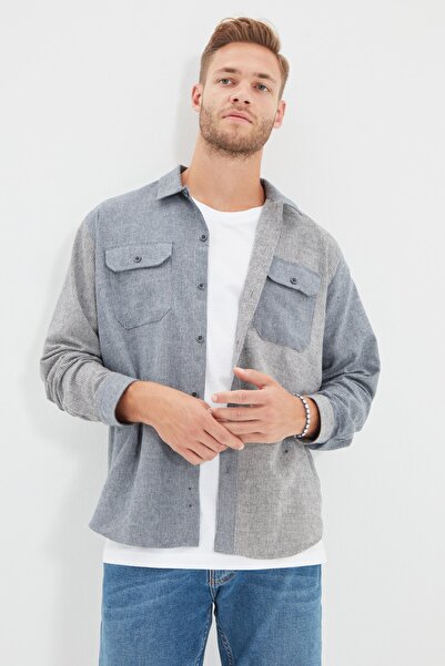 Trendyol Collection Cămașă gri pentru bărbați, în formă relaxată, cu guler de...