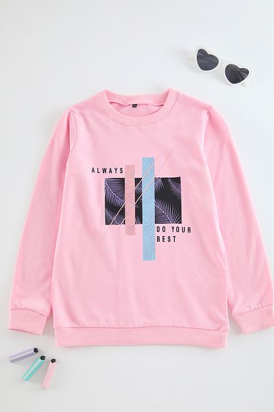 TRENDYOLKIDS Růžová dívčí bavlněná mikina Crew Neck - Tkdaw25Sw00043