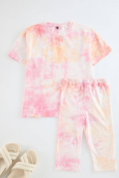 TRENDYOLKIDS Oranžový batikovaný pletený oblek pro dívky - Tkdss24Au00034