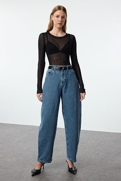 Trendyol Collection Blugi largi Skater albaștri cu talie înaltă - Durabil TWOAW25JE00145