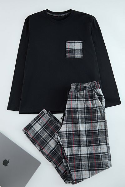 Trendyol Collection Schwarz-graues, kariertes, gemustertes, gewebtes Pyjama-Set TMNAW25PT00038