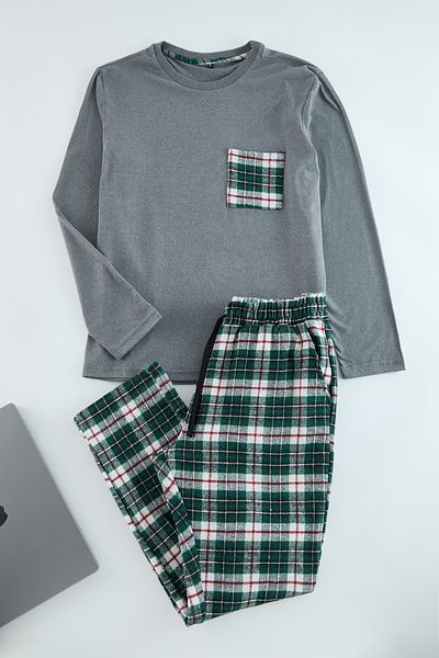 Trendyol Collection Grau-grünes, kariertes, gemustertes, gewebtes Pyjama-Set TMNAW25PT00038