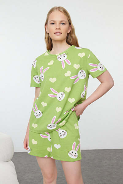Trendyol Collection Sada pleteného pyžama zeleného králíka a srdce - 100% bavlna, 3 balení Thmaw25Pt00095