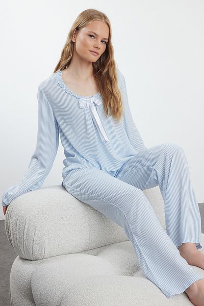 Trendyol Collection Light Blue Striped Frill and Ribbon Detailed Pajamas Set - Thmaw25pt00094