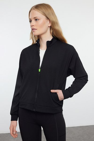 Trendyol Collection Черен спортен суичър с цип от плат - Thmaw25Sw00003