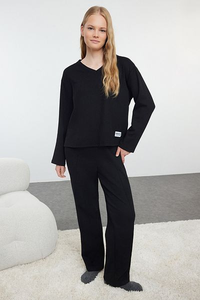 Trendyol Collection Waffle Knitted Black Pajama Set - with Slogan Label Thmaw25pt00081