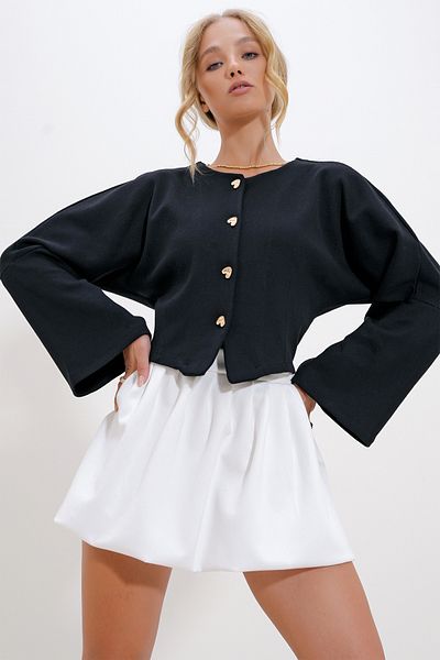 Trend Alaçatı Stili Damen-Strickjacke mit Knöpfen in Schwarz und Gold ALC-X12714