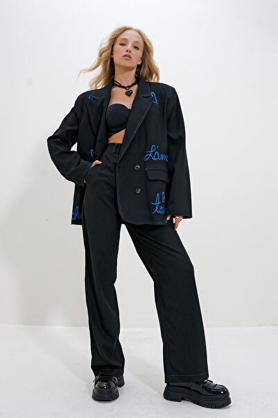 Trend Alaçatı Stili Fekete női nadrág és dzseki szett - dupla zseb, ALC-X12608