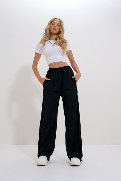 Trend Alaçatı Stili Černé široké kalhoty - dvojitá kapsa a pruh, elastický Alc-X12713