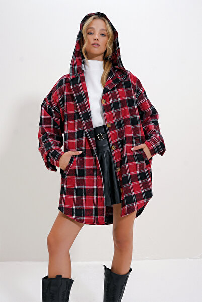 Trend Alaçatı Stili Red Oversize kapucnis kockás ingkabát - Alc-X12658