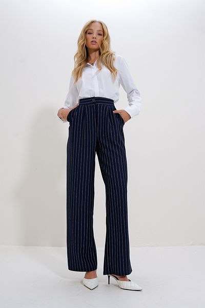 Trend Alaçatı Stili Marineblau gestreifte Palazzo-Damenhose – Doppeltaschen Alc-X12662
